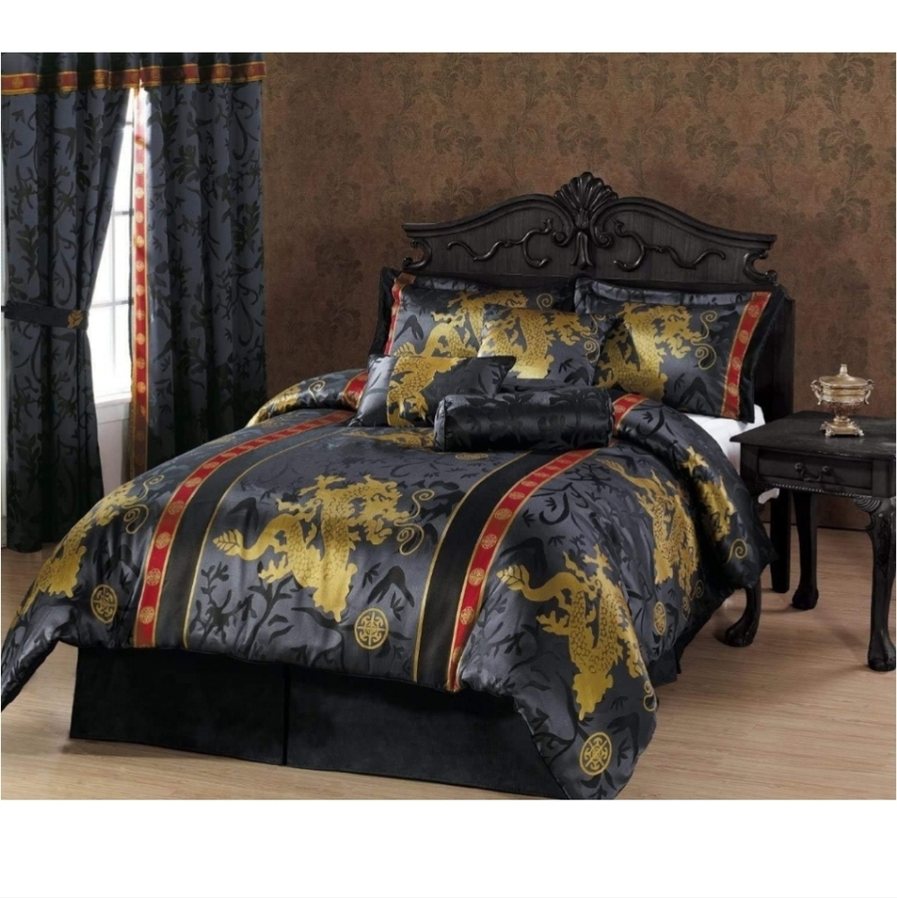 NEW 🛏🐉 Chezmoi Collection 7Pc Dragon Blk Gold Red Jacquard Comforter Set Queen